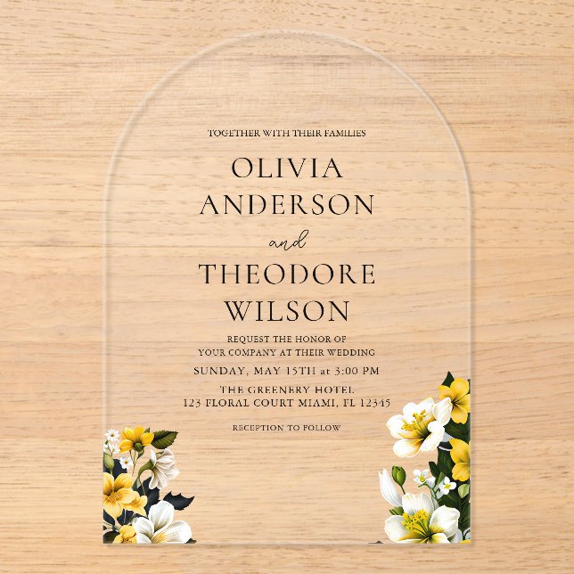 Invitaciones Acrílicas Elegante Boda floral blanco y amarillo (Anverso)