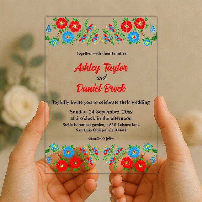 Invitaciones Acrílicas Elegante Boda Floral Botánico Roses Rojos Azules (Subido por el creador)