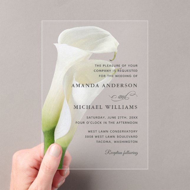 Invitaciones Acrílicas Elegante Boda Floral Calla Lilies Blanco (Insitu (portátil))