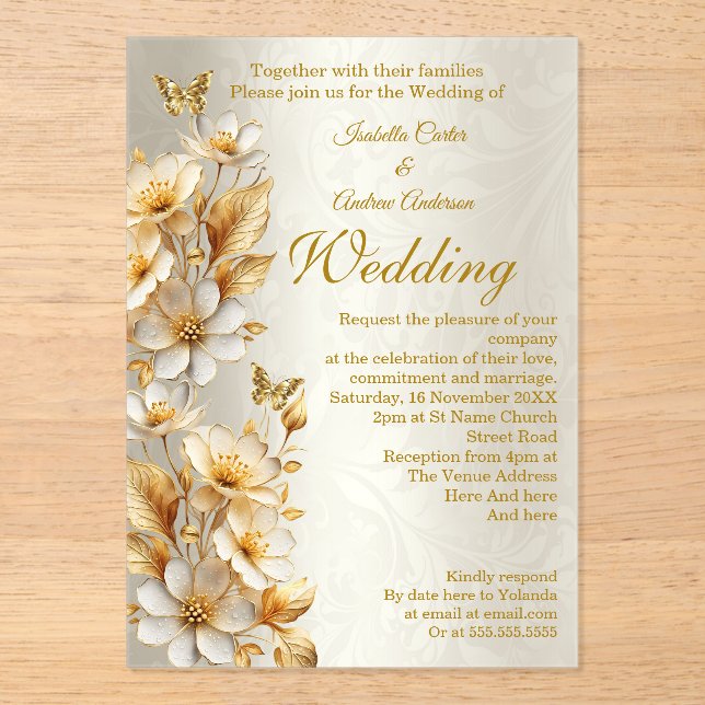 Invitaciones Acrílicas Elegante Boda Floral Crema Mariposas de Oro (Anverso)