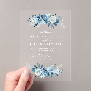 Invitaciones Acrílicas Elegante boda floral de acuarela azul
