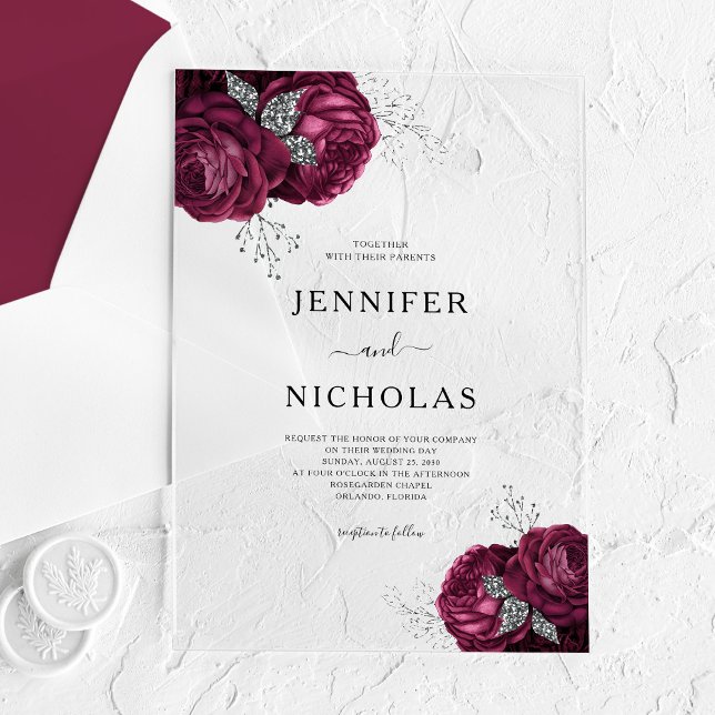 Invitaciones Acrílicas Elegante Boda Floral de Borgoña Peonies (Elegant Burgundy Peonies Floral Wedding Acrylic Invitations)