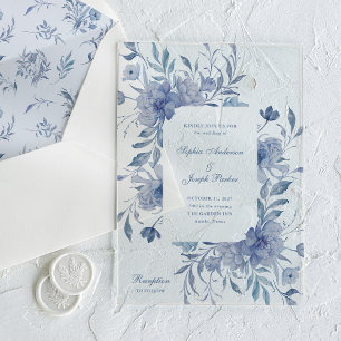 Invitaciones Acrílicas Elegante boda floral de chinoisería azul polvorien