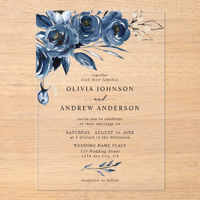 Invitaciones Acrílicas Elegante Boda floral de color azul plateado de la  (Anverso)