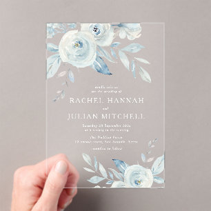Invitaciones Acrílicas Elegante boda floral de color azul polvoriento