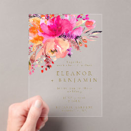Invitaciones Acrílicas Elegante Boda floral de color rosa brillante