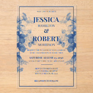 Invitaciones Acrílicas Elegante Boda floral de estilo vintage azul Chinoi