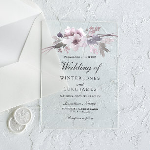 Invitaciones Acrílicas Elegante Boda floral de invierno gris morado