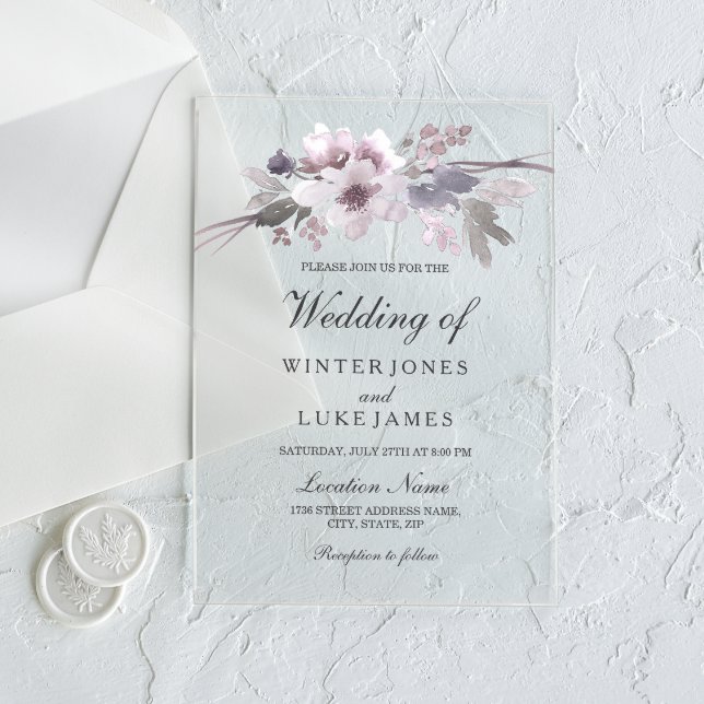 Invitaciones Acrílicas Elegante Boda floral de invierno gris morado (Subido por el creador)