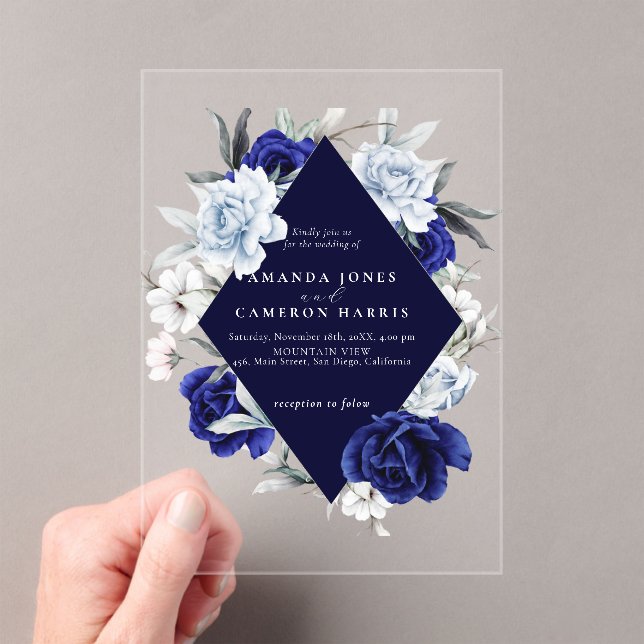 Invitaciones Acrílicas Elegante Boda floral de la Marina Azul (Insitu (portátil))