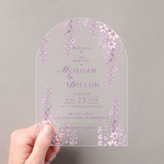 Invitaciones Acrílicas Elegante Boda Floral de Lavanda con Tono Rosa Suav