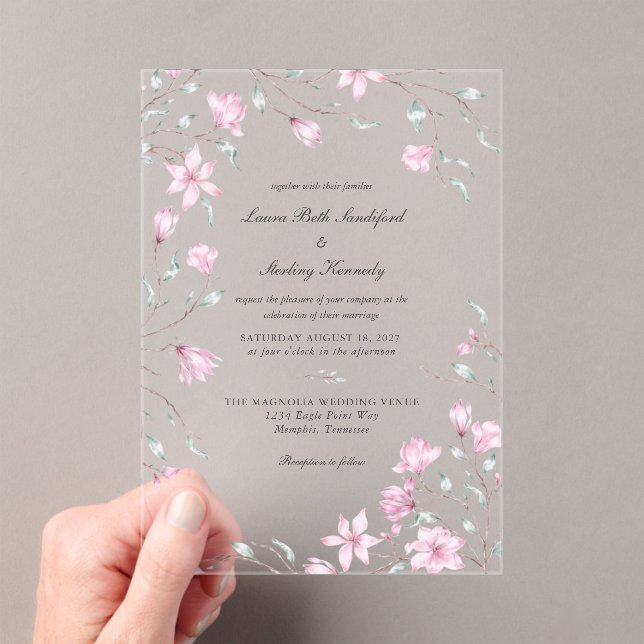 Invitaciones Acrílicas Elegante Boda floral de Magnolia Rosa (Insitu (portátil))