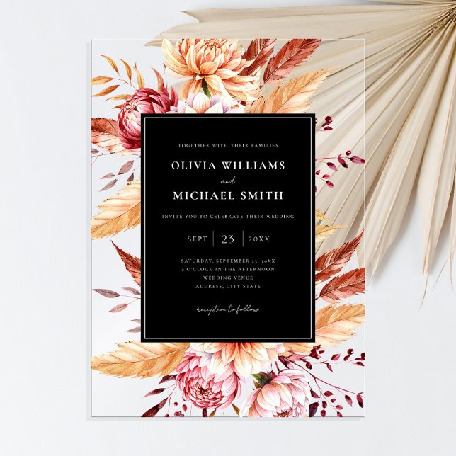 Invitaciones Acrílicas Elegante Boda floral de Moda de Boho negro (Subido por el creador)