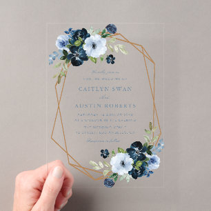 Invitaciones Acrílicas Elegante boda floral de navy y azul claro
