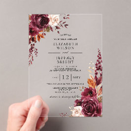 Invitaciones Acrílicas Elegante Boda Floral de Otoño Burgundy
