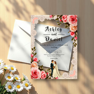 Invitaciones Acrílicas Elegante Boda Floral de Verano para Pareja en Rosa