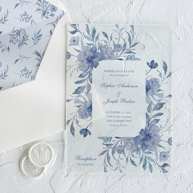 Invitaciones Acrílicas Elegante Boda floral Dusty Blue Chinoiserie (Subido por el creador)
