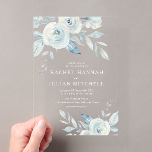 Invitaciones Acrílicas Elegante boda floral en acuarela azul polvoriento