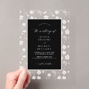 Invitaciones Acrílicas Elegante boda floral en blanco y negro