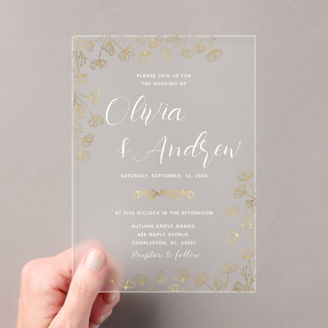 Invitaciones Acrílicas Elegante Boda floral Faux Gold y White (Insitu (portátil))