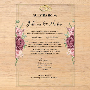 Invitaciones Acrílicas Elegante Boda Floral Granate y Dorado
