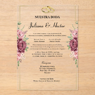 Invitaciones Acrílicas Elegante Boda Floral Granate y Dorado