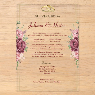 Invitaciones Acrílicas Elegante Boda Floral Granate y Dorado