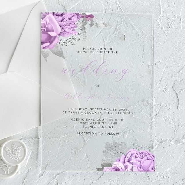 Invitaciones Acrílicas Elegante Boda Floral Lilac Silver Script (Subido por el creador)