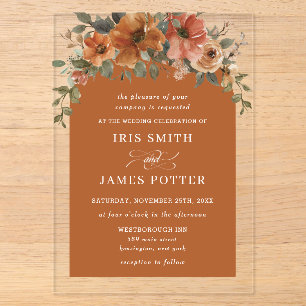 Invitaciones Acrílicas Elegante Boda Floral Naranja Quemada Cobre