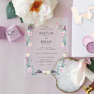 Invitaciones Acrílicas Elegante Boda Floral Pastel de Morado y Malva