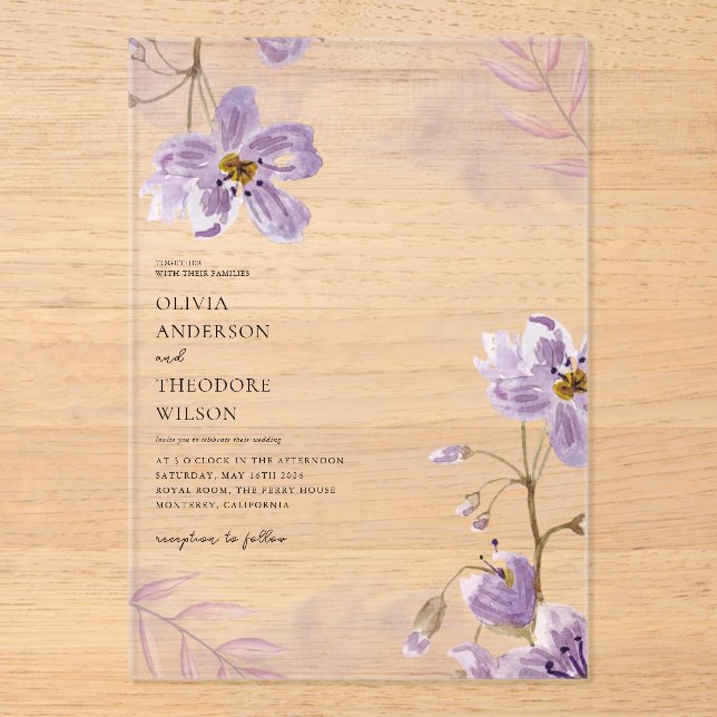 Invitaciones Acrílicas Elegante Boda floral púrpura claro (Anverso)