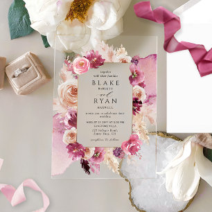 Invitaciones Acrílicas Elegante Boda Floral Rosa, Borgoña Acuarela