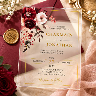 Invitaciones Acrílicas Elegante Boda Floral Rosa Borgoña Dorado