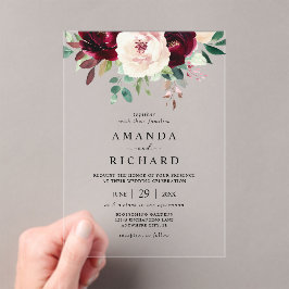 Invitaciones Acrílicas Elegante Boda floral rosa Rubor de Borgoña