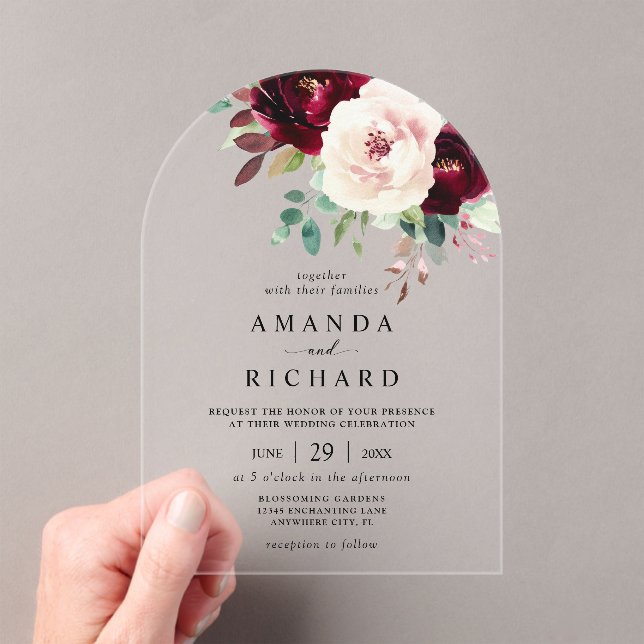 Invitaciones Acrílicas Elegante Boda floral rosa Rubor de Borgoña (Insitu (portátil))