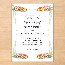 Invitaciones Acrílicas Elegante Boda Floral Rústica Geométrica de Oro 