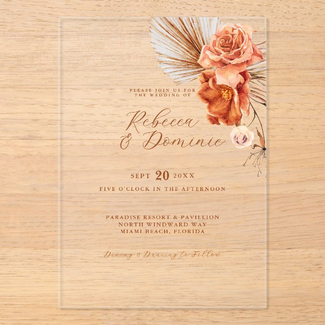 Invitaciones Acrílicas Elegante Boda floral rústico bohemio (Anverso)