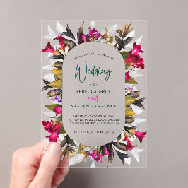 Invitaciones Acrílicas Elegante boda floral turquesa rosa caliente brilla