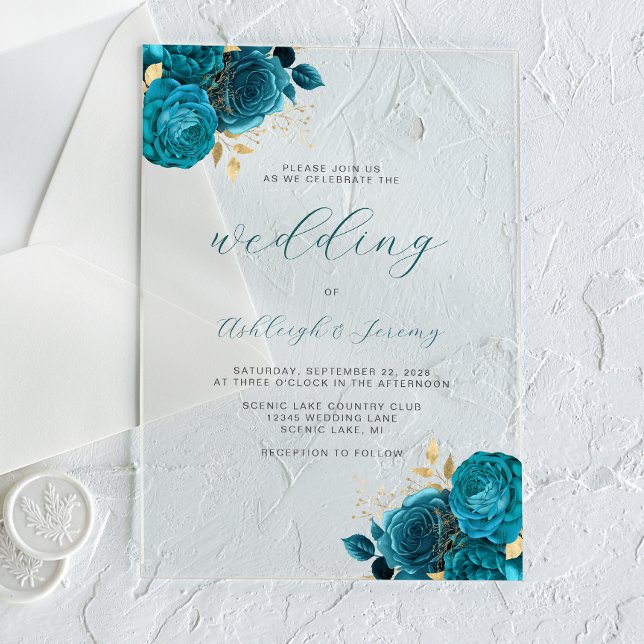 Invitaciones Acrílicas Elegante Boda Floral Turquoise Gold Script (Subido por el creador)