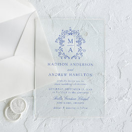 Invitaciones Acrílicas Elegante Boda Floral Victoria Chinoiserie azul