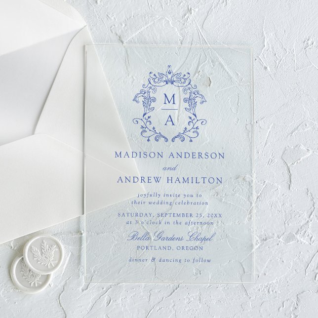 Invitaciones Acrílicas Elegante Boda Floral Victoria Chinoiserie azul (Subido por el creador)
