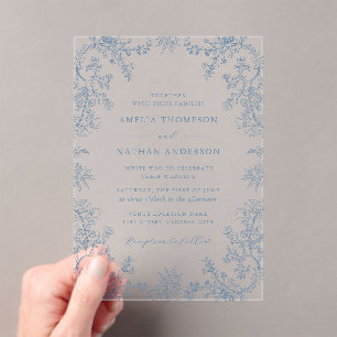 Invitaciones Acrílicas Elegante boda floral vintage azul polvoriento