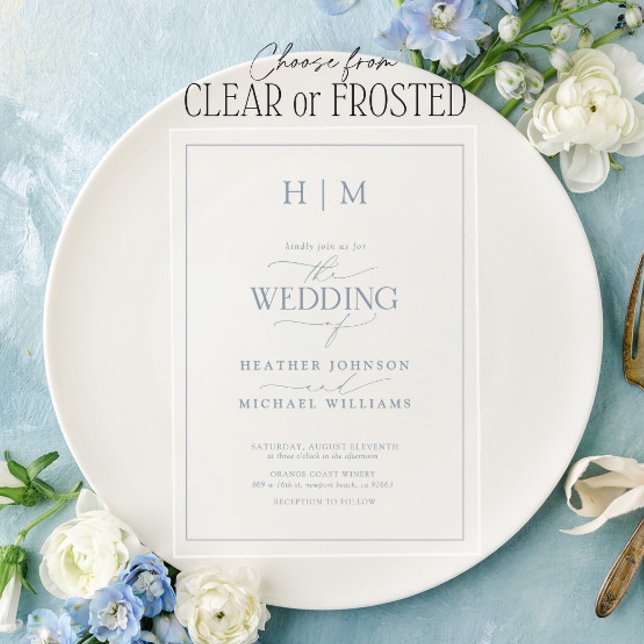 Invitaciones Acrílicas Elegante Boda formal de caligrafía azul turbia (Subido por el creador)