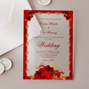 Invitaciones Acrílicas Elegante Boda formal de Rosas florales de oro rojo