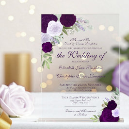 Invitaciones Acrílicas Elegante Boda Formal Floral Acuarela Púrpura