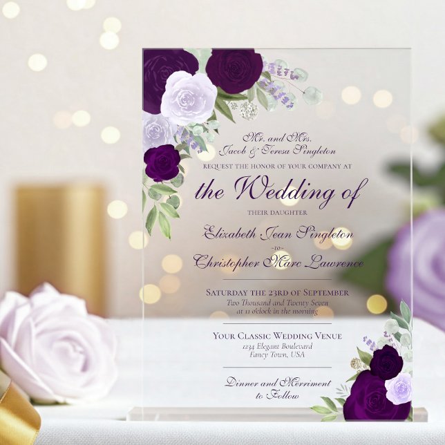 Invitaciones Acrílicas Elegante Boda Formal Floral Acuarela Púrpura (Clear acrylic with rectangle cut)