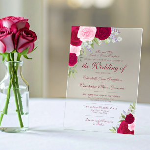 Invitaciones Acrílicas Elegante Boda formal magenta y rosas rosadas