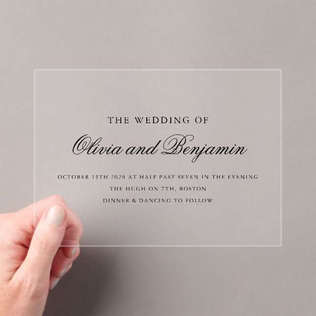 Invitaciones Acrílicas Elegante Boda formal minimal de escritura negra (Insitu (portátil))