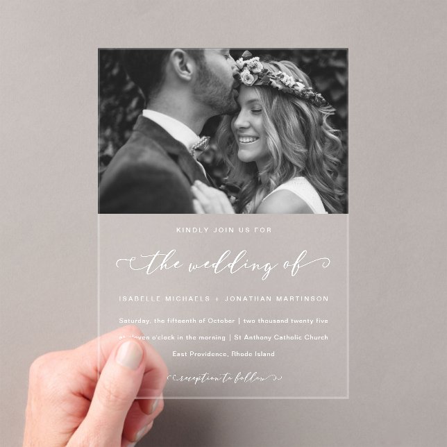 Invitaciones Acrílicas Elegante Boda fotográfico de caligrafía (Insitu (portátil))