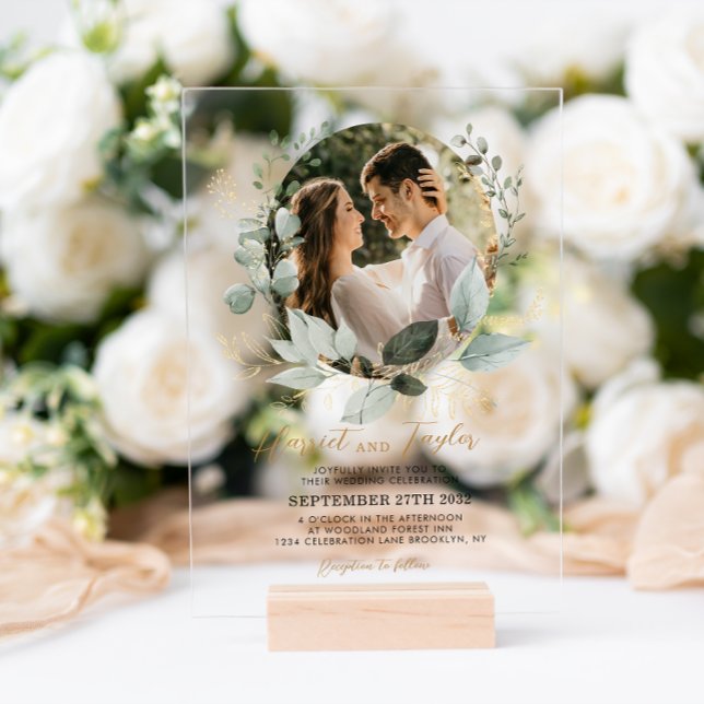 Invitaciones Acrílicas Elegante Boda fotográfico Eucalyptus Gold and Gree (Subido por el creador)